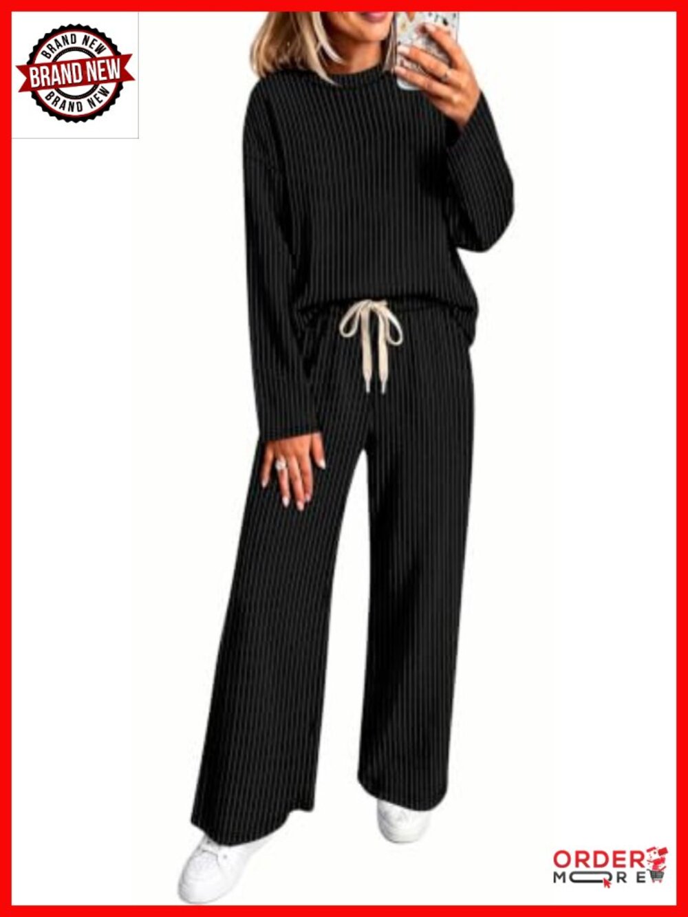 Ribbed Knit Two Piece Lounge Set Long Sleeve Crewneck Top & Drawstring Pants